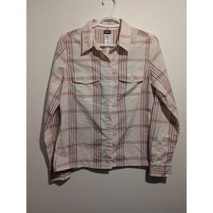 Patagonia‎ Women's Overcast Shirt Size 8 Beige Pink Plaid Cuff Hiking Outdoors